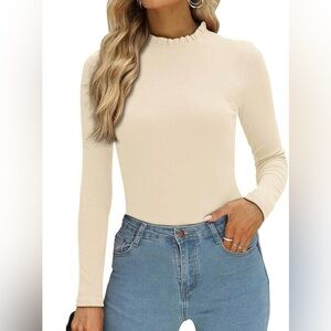 PinkMStyle• Long Sleeve Bodysuit Ruffle Mock Neck Top